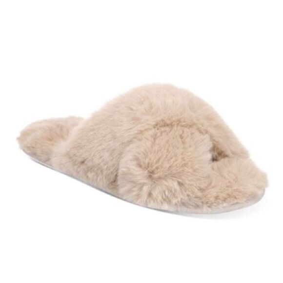 Jenni Womens Crisscross Faux Fur Slide Slippers Mauve Berry Tan Extra Large New - Picture 1 of 4